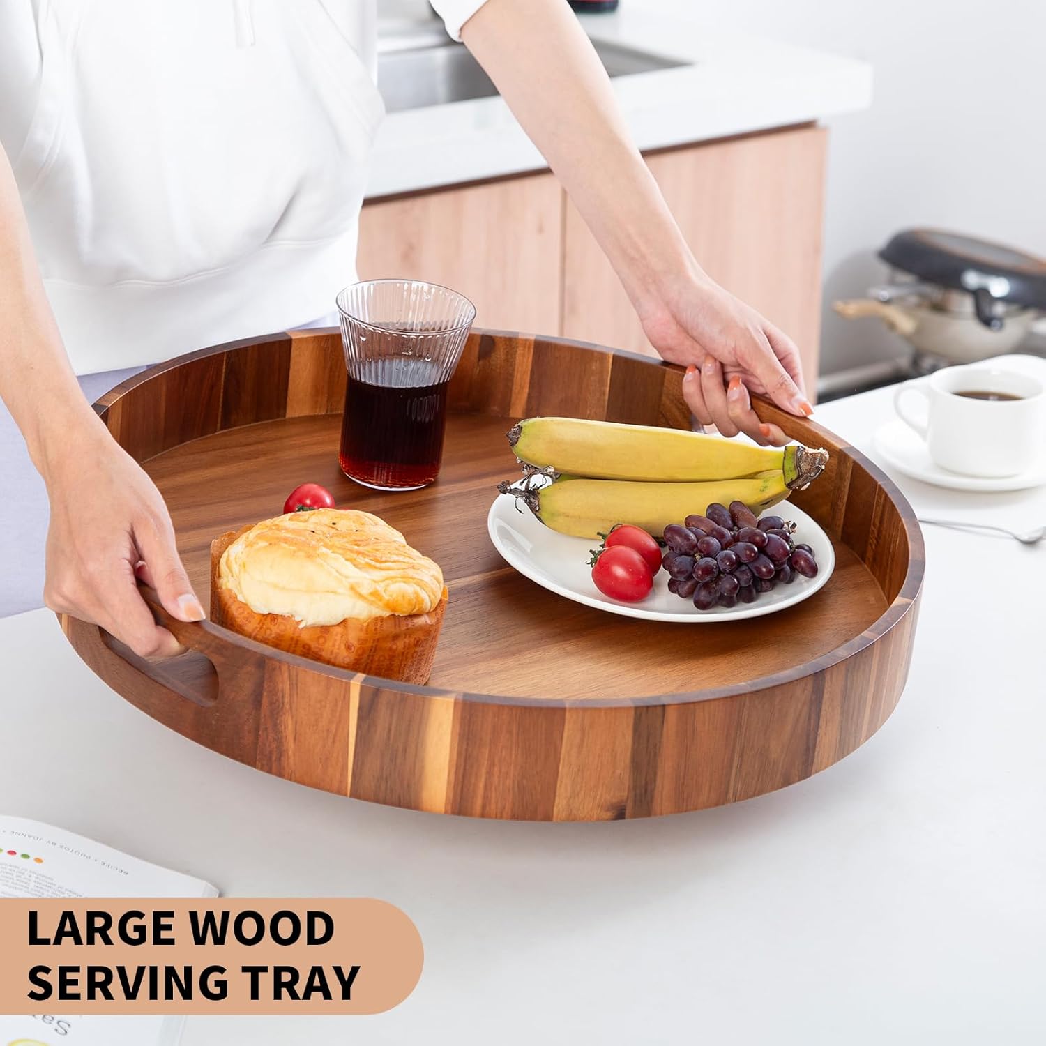 Acacia Wood Ottoman 托盘,20 英寸(约 50.8 厘米)大号木制托盘,带手柄,圆形装饰服务托盘,适用于晚餐、烧烤、零食,用于在客厅、床、咖啡桌厨房盛装食物.jpg